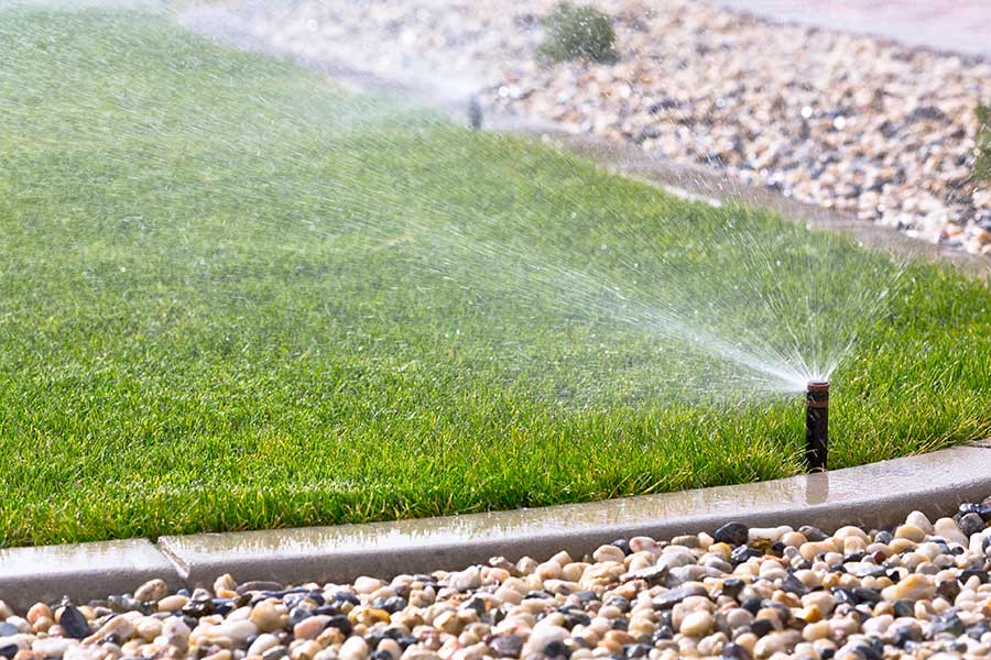 Sprinkler system watering a garden